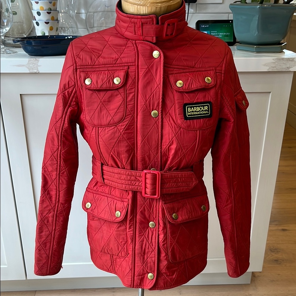 VGUC Barbour International Polar Quilt brick red quilted nylon belted ja…